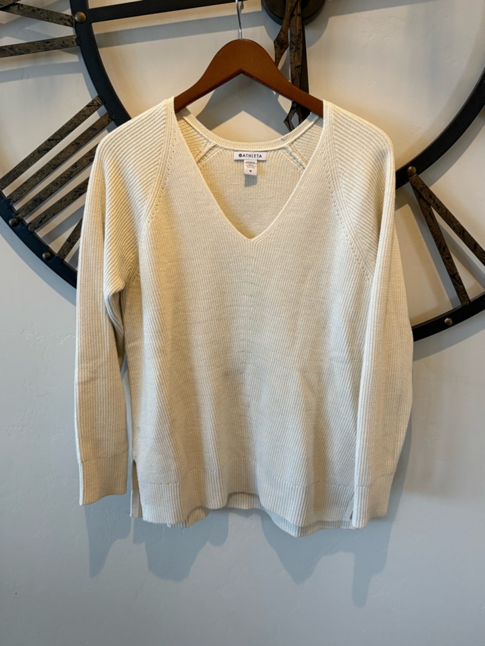 Athleta Cream V-Neck Ribbed Sweater